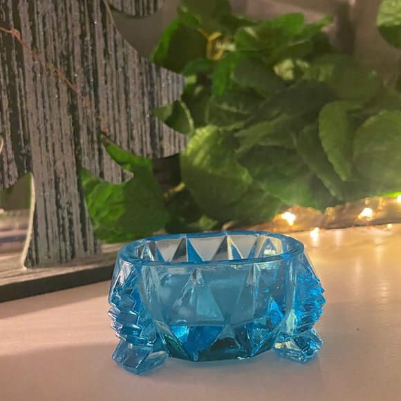 Antique Blue Teal Turquoise GLASS Open Salt Cellar Formal Trinket Dipping Dish - Picture 5 of 6
